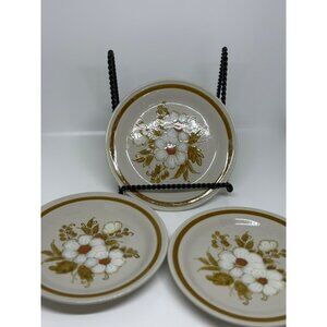 VTG Stoneware Small Plate 70s Retro Floral Mountain Wood Dried Flowers Set Of 3